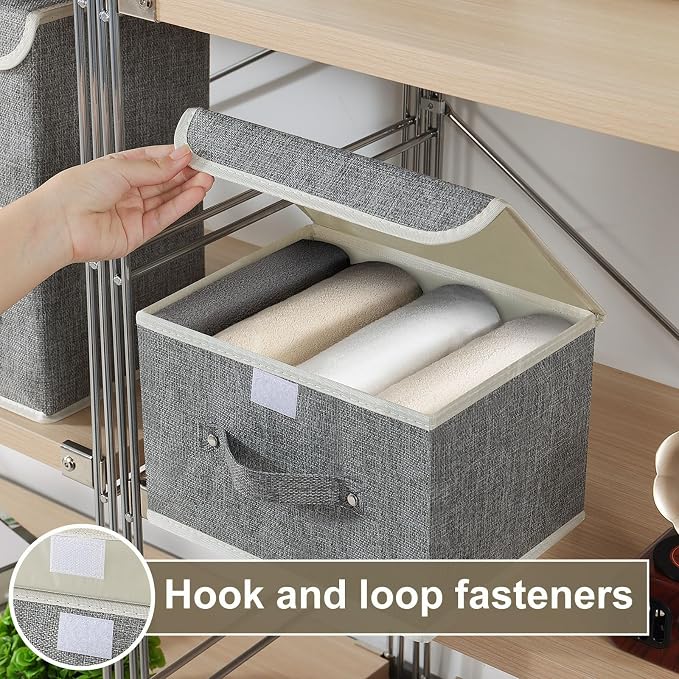 Foldable Fabric Storage Cubes with Lids,Grey 10.2x7.9x6.7in,1 Pack | Storage Bins with Handles,PP Panel Closet Organizers,Washable Boxes,Collapsible Fabric Container for Underwear and Socks