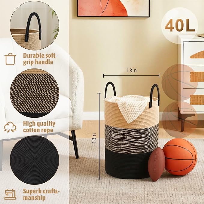 Artfeel Laundry Basket,Woven Cotton Rope Laundry Hamper,40L for Decorative Storage of Dirty Clothes,Toys and Blankets in Bathroom,Bedroom and Living Room