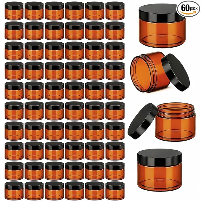Patelai 60 Pcs Plastic Containers with Lids, Round Leakproof Cosmetic Containers, Multipurpose Storage Jars for Makeup, Lotion, Ointment, Rhinestone Samples, Dry Food and Toiletries(Amber,2 oz)