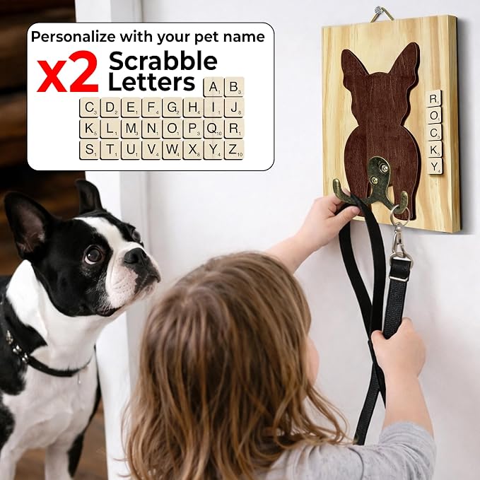 Boston Terrier Dog Leash Holder Wall Mount with Scrabble Letters, Wooden Dog Hook Organizer, Pet Collar and Harness Holder, Key and Leash Rack for Entryway, Gift for Pet Lovers, Home Decor PF297-15