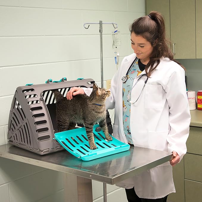 SportPet X-Large Hard-Sided Travel Cat Carrier - Cat Carrier with Patented Wide Side-Opening Door, Foldable Portable Pet Carrier for Cats & Small Pets up to 35lbs - Dark Gray/Teal