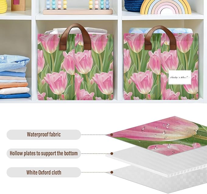 Pink Tulip Flower with Green Leaves Storage Bins for Shelves with Labels&Handles Fabric Organizer Bin Foldable Rectangle Storage Basket Boxes for Closet, Bathroom, Home, Living Room, 2 Pack