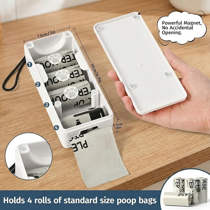 Dog Poop Bag Dispenser Wall Mount with Magnetic Lid, Quick Pull & Easy Access, White Dog Poop Bag Holder for Outdoor Yard, Includes 4 Rolls (60 Bags)