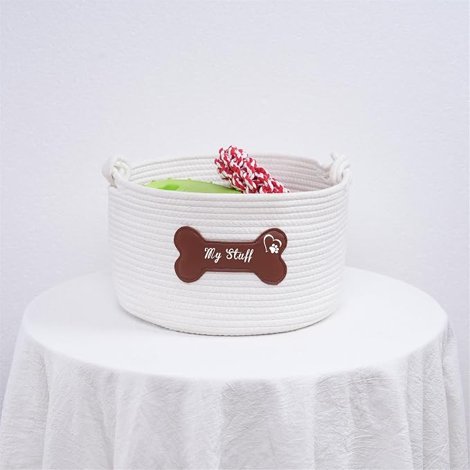 JUPPE Pet Dog Basket with Personalized Name, Dog Toys Storage Organizer Custom Cotton Rope Basket Nursery Decor (Brown Leather Basket)