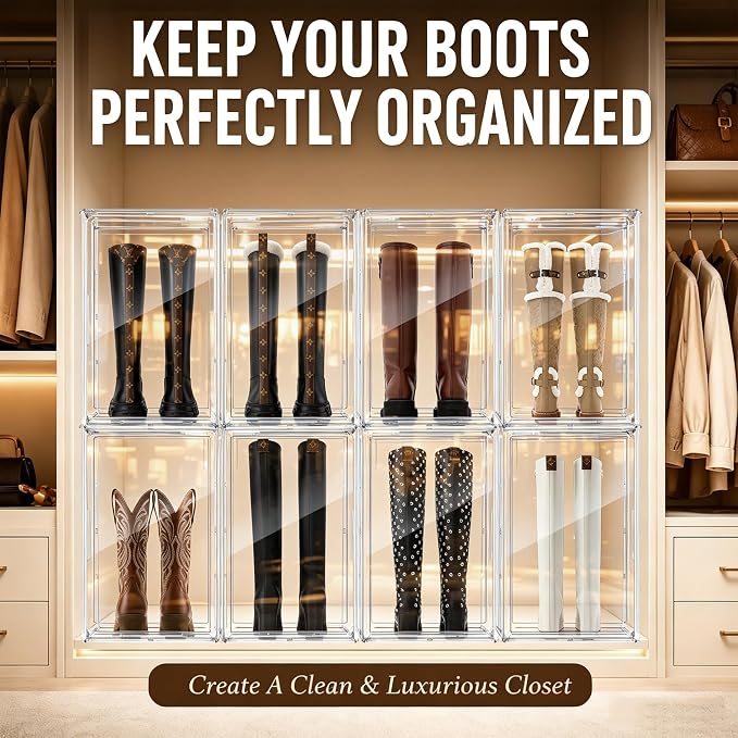 Boot Organizer for Extra Tall Boots, 23.6'' Stackable Acrylic Display Case | Clear magnetic door.Keep tall boots upright.Ideal for knee-high and riding boots,fashion boots,tall collectible,1 Pack