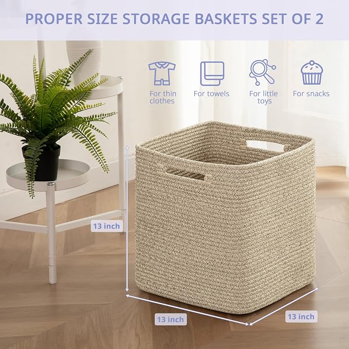 OIAHOMY 2 PACK Cube Storage Bin 13 Inch Collapsible Storage Cube Brown | Cube Storage Organizer Storage Bins for Shelves Baskets for Organizing Woven Rope Storage Baskets