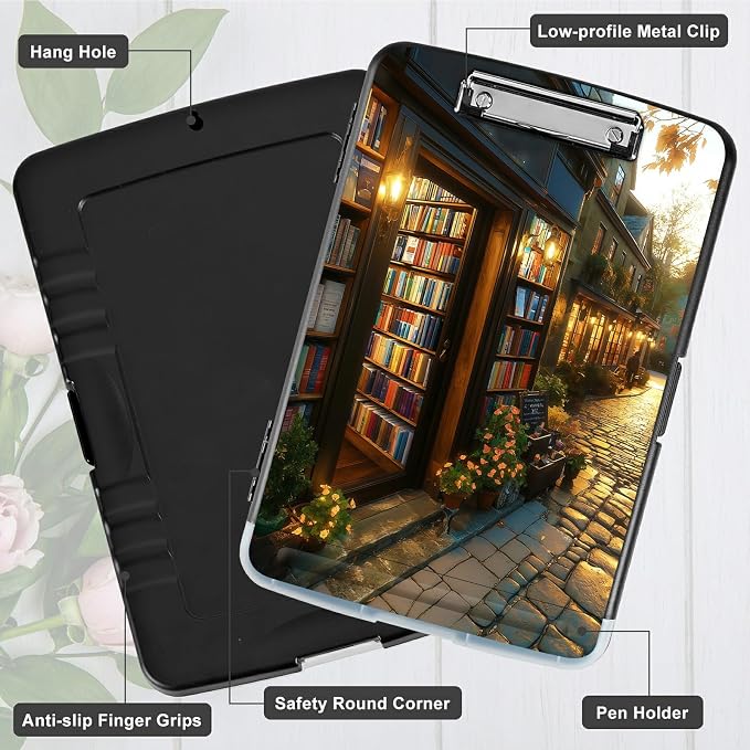 A4 Clipboard with Storage Pen Holder, Clipboards Organizer Nursing Clipboard Foldable File Folder Plastic Clipboard Folio Clip Board for Office Work Classroom Doctor, Flower Library