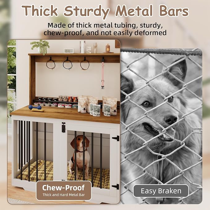 31'' Wooden Dog Crate Furniture with Storage Shelf & 4 Hooks - Heavy Duty Dog Kennel for Small/Medium Dogs, Indoor Pet Cabinet, Side Table, White