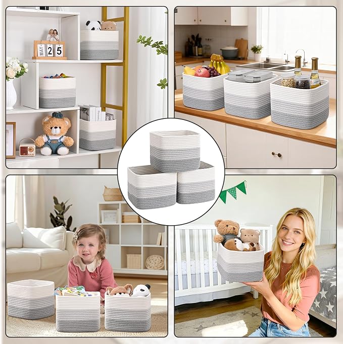 3 Pack Cube Storage Bin, 9”x9”x7” Cotton Rope Woven Baskets for Organizing Toys Clothes Towels, Square Gift Storage Baskets for Shelves, Nursery, Closet, Bathroom, Pantry (Gradient Grey)