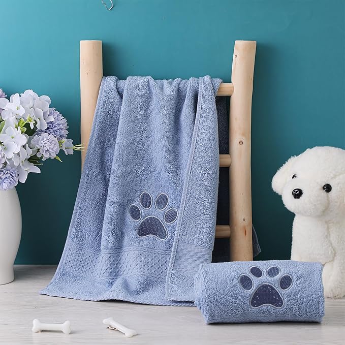 SmoothNovelty 2 Pcs Dog Paw Hand Towels Blue Bathroom Decor 13 x 29 Inch 100% Cotton Embroidered Hand Towels Soft Absorbent Farmhouse for Kitchen Restroom