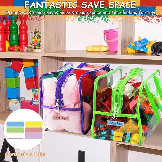 6 Color XXL Toy Storage Bags 16.5×11.8×6.8In with Labels, Large Capacity Reusable Clear PVC Storage Bags, Travel Waterproof Organizer Bags with Double Zipper