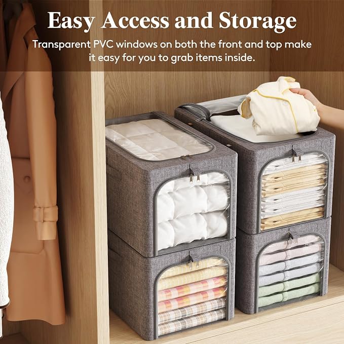 Lifewit Clothes Storage Bins with Metal Frame 6 Pack, Fabric Stackable Storage Bags with Lids, Zipper, Foldable Clost Organizers Containers for Clothing, Blanket, Winter Cloth, 40L