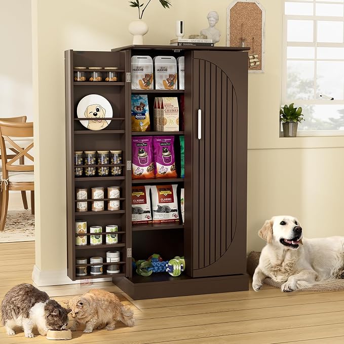 Saudism 47" Dog Food Storage Cabinet with Adjustable Shelves, Gray | Freestanding Pet Storage Container Organizer for Living Room and Dinning Room