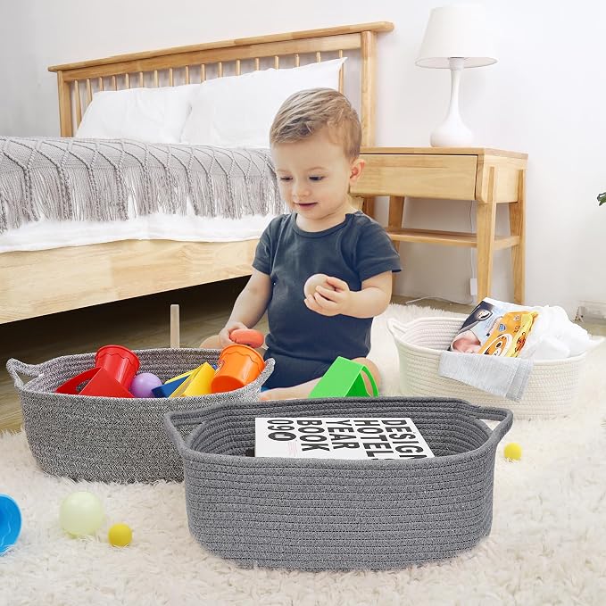 ABenkle Small Storage Basket with Handles, Cotton Rope Woven Dog Cat Toy Bin, Decorative Shelves Closet Organizing for Nursery Laundry Bedroom Bathroom, 14.2''x 11''x 5.1''