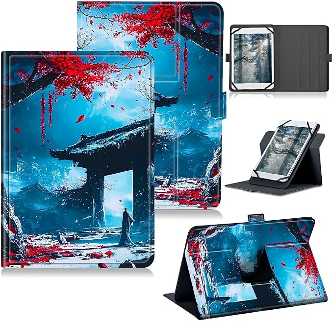 Universal Tablet Case for T-Mobile Revvl Tab 2 10.1" 2025/Revvl Tab 5G 10.36" 2023, 360 Degree Rotating Kickstand Protective Stand PU Leather Shell Cover for 9"-10.5", Red Leaf Castle
