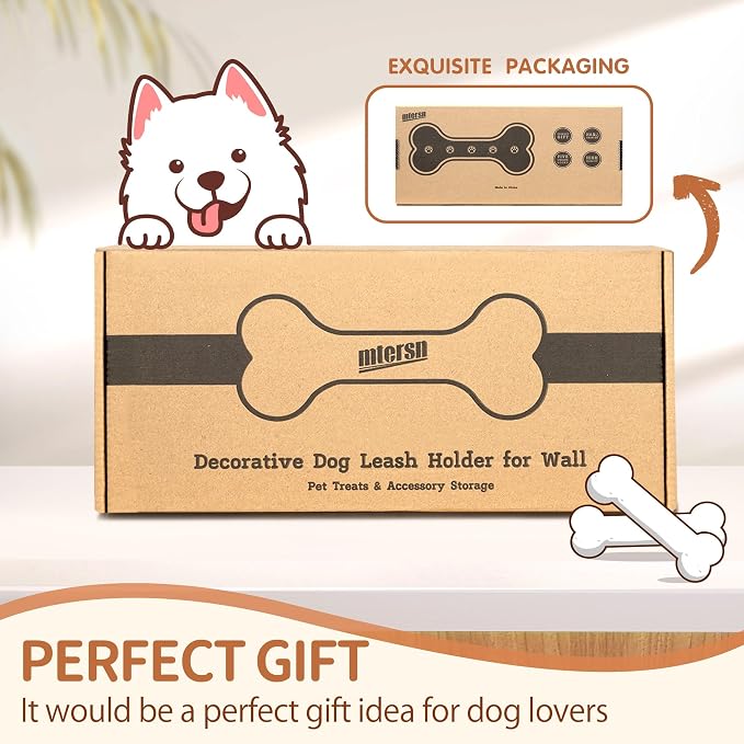 MTERSN Dog Leash Holder Wall Mount with 3D Paws Hooks, Distressed White | Bone-Shaped Dog Leash Holder for Wall, Leash Holder, 5 Dog Leash Hook, Pet Accessories Storage, Gift for Dog Lovers