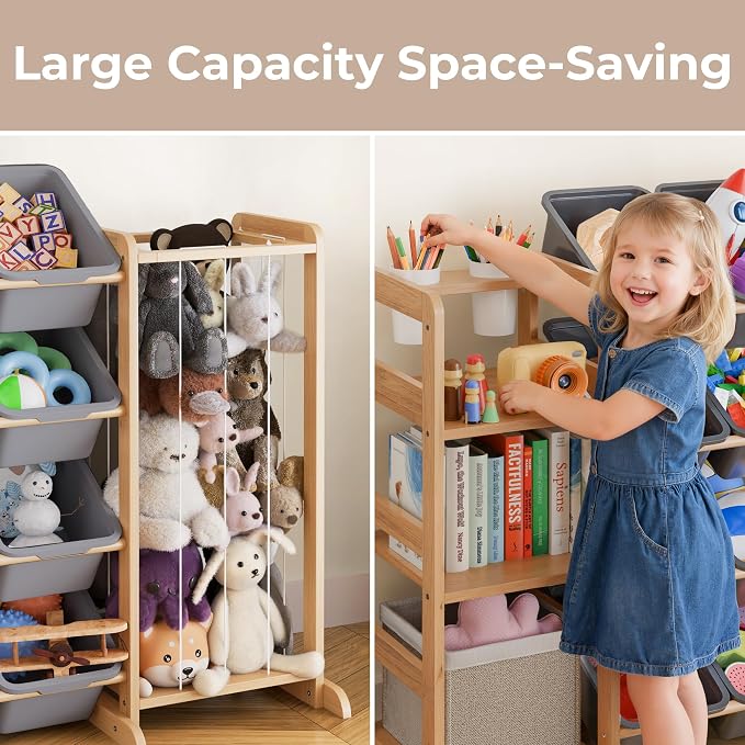 Toy Storage Organizer with Bookshelf and Stuffed Animal Storage - Kids Playroom Organization with Shelves and 12 Toy Bins - Toddler Living Room Toy Box for Lego - Nursery Bedroom Decor Essential