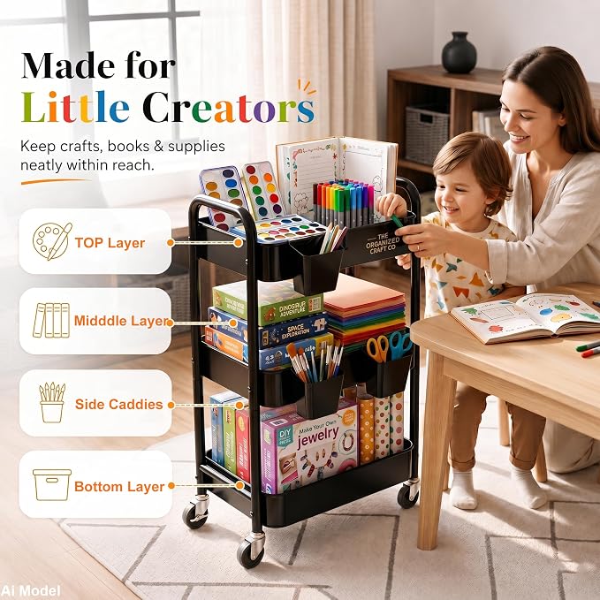 3 Tier Rolling Cart Metal with Wheels, Black Three Tiered Art Cart Organizer on Wheels, Storage Utility Trolley Carts for Kithcen, Craft, Nail, Lash, Makeup, Salon,Bedside, Bathroom, Office, Snack