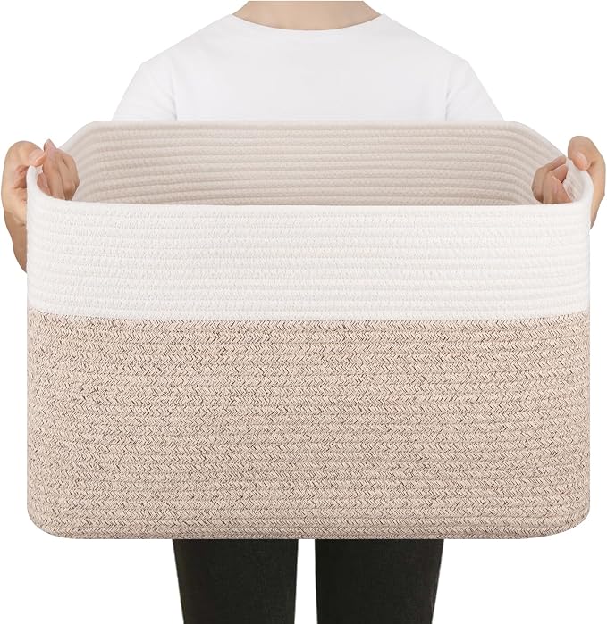 Blanket Basket, Cotton Rope Woven Storage Basket for Living Room, Toy Bin for Kids, Nursery, Baby Room Decorative Organizer, 18''×14''×12'', Brown & White