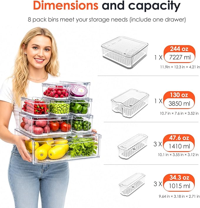 SMRCAD 8 Pack Clear Fridge Organizer Bins with Drain Trays - Stackable | BPA-Free PET, 8 Pack: 1 Drawer + 7 lidded Bins, Helps Keep Produce Fresh, 18.3L Capacity, Hand Wash Only