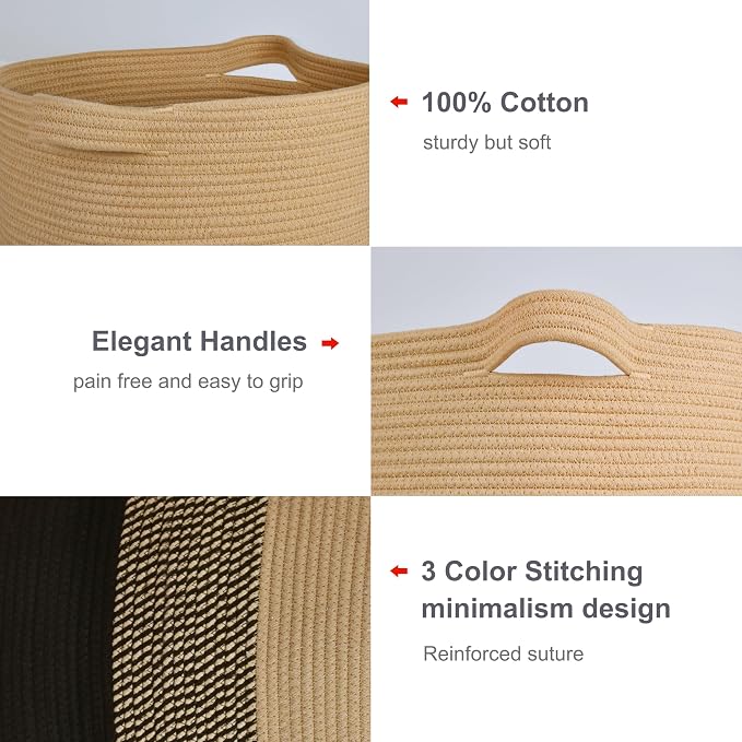 Cotton Rope Blanket Basket, 72L Tall Laundry Hamper, Brown & Black