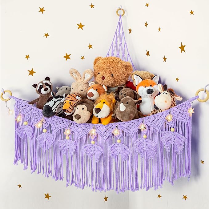 Macrame Stuffed Animal Storage with Star Light, Corner Hammock for Nursery | Corner Hanging Stuffed Animal Net Organizer for Girls' Room, Plushies Toy Wall Hanging Display Holder, Kid Gift