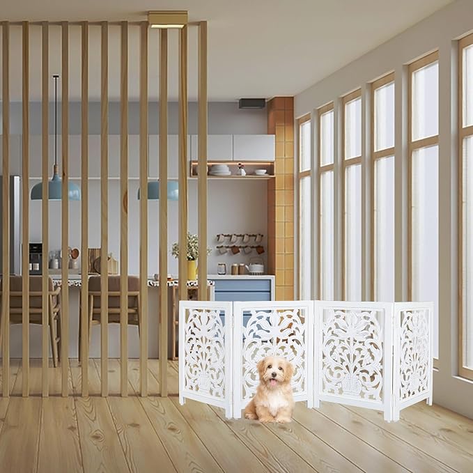 Lightnpro 4-Panel Wooden Dog Gate with Stopper – 72 Inch Extra-Wide Foldable Freestanding Pet Barrier, Antique White Indoor Safety Fence for Small Dogs & Puppies – 24x18 Inch Panels