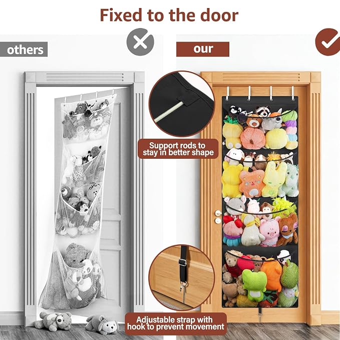 Over Door Stuffed Animal Storage, Hanging Plush Toy Organizer Holder | Behind Door Organizer with 4 Large Pockets, Mesh Hammock Bag for Doll & Bear Stuffies, Idea for Girl Boy Kid Nursery Closet