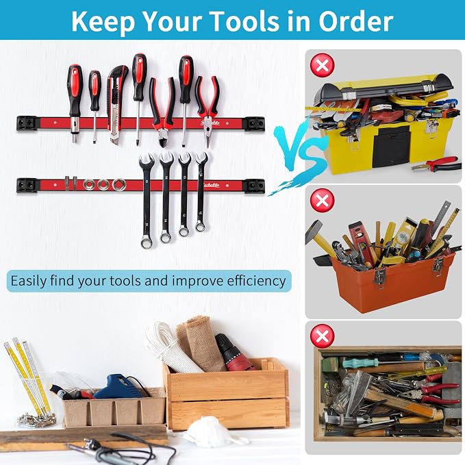 4 Pieces 18" Magnetic Tool Holder Strip, Red Magnet Bar, Metal Tool Organizer Rack for Garage Organization, Easy To Install in Workshop, Mounting Screws Included