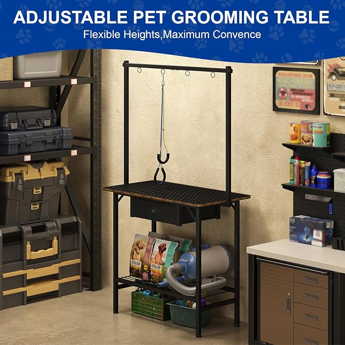 32 Inch Adjustable Dog Grooming Table with Drawer & Non-slip Removable Mat | Pet Grooming Table with Mesh Tray & EVA Protective Lanyard,Professional Grooming Table for small Dogs at Home