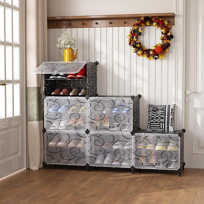 AWTATOS 6 Tier Shoe Rack Organizer, Shoe Storage Cabinet with Door, Black | 24 Pair Capacity Shoe Storage Shelves for Closet Hallway Bedroom Entryway
