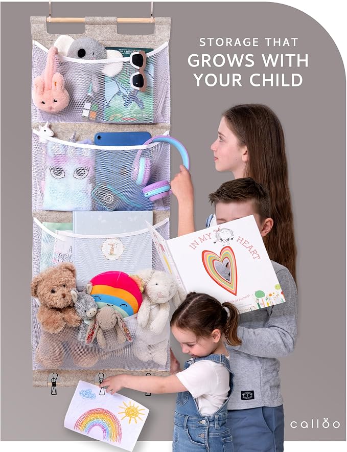 Over the Door Stuffed Animal Storage for Kids – Felt Organizer with Clips to Display Art and Mesh Pockets for Stuffies, Books and More – Space-Saving Hanging Design that Grows with your Child