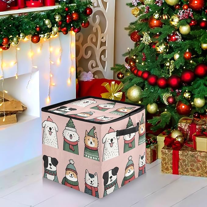 OTVEE Christmas Ornament Storage Box Holiday Decoration Organizer Stores upto 64 Holiday Ornaments Adjustable Dividers Tear-Proof Fabric Whimsical Pet Art