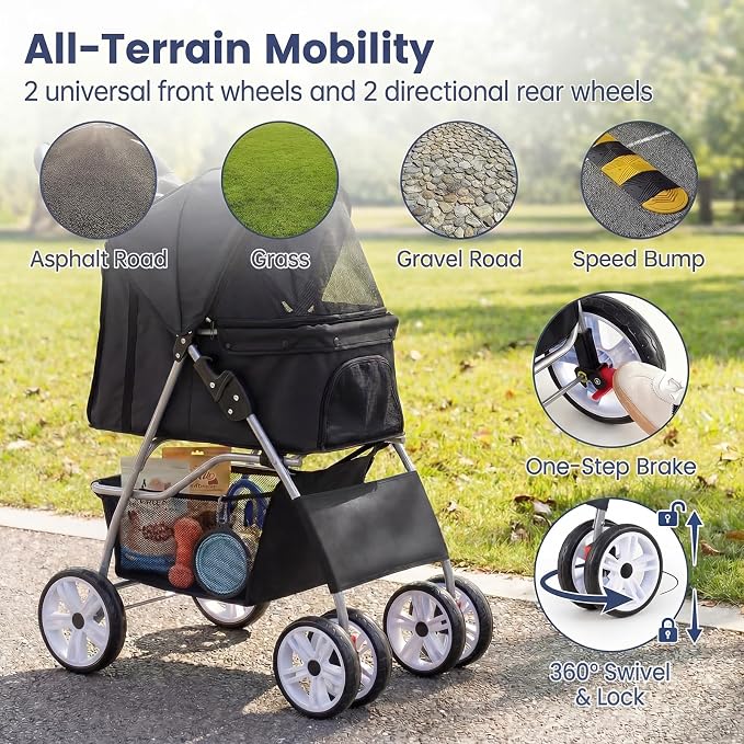 Giantex Foldable Pet Stroller for Small Dogs & Cats, Lightweight Dog Stroller with Lockable Wheels, One-Hand Quick Fold, Adjustable Canopy, Safety Leash & Storage Basket, Pet Travel Stroller, Black