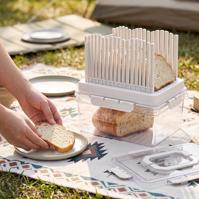 VECELO 2‑in‑1 Bread Slicer & Airtight Bread Storage Box with Handle, Plastic Bread Container with Lid for Keeping Fresh, Ideal for Bread, Cake, Buns,White