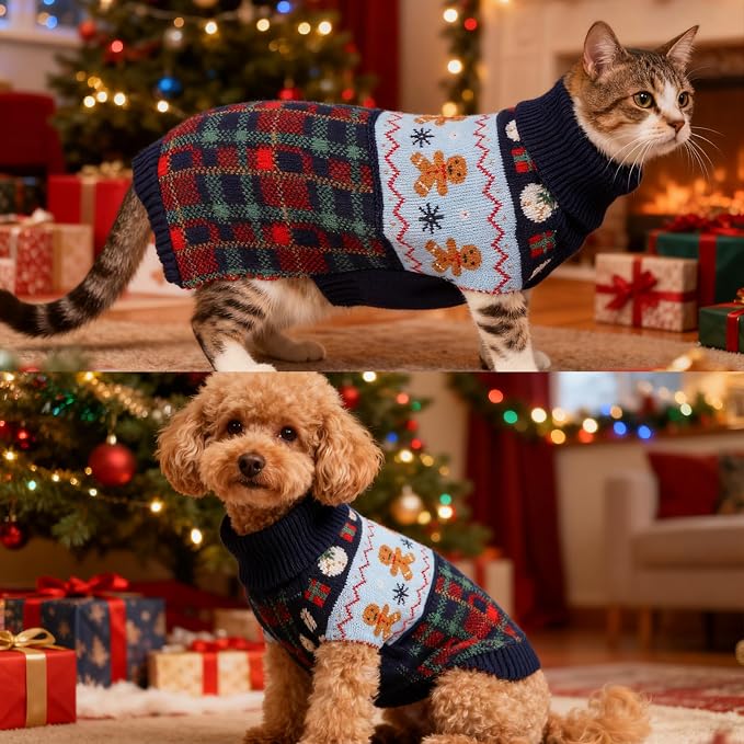 Dog Christmas Sweater Puppy Soft Holiday Xmas Clothes Pet Gingerbread Man Outfit for Small Medium Dogs and Cats Classic Argyle Turtleneck Knitwear (Navy Blue, XX-Large)