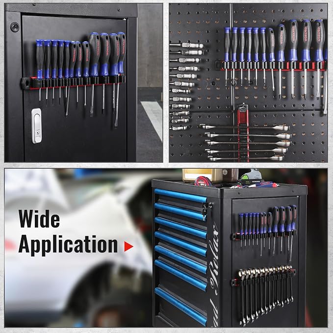 WORKPRO Magnetic Screwdriver and Wrench Organizer Set, 12-Slot Tool Holder | Aluminum Rail, Magnetic Force, Flexible High-Tension Tool Clips, For Tool Box Drawer & Wall-Mount Storage