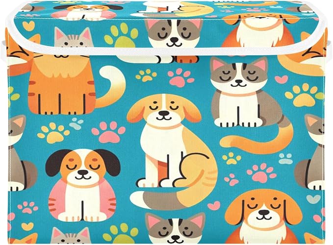 Storage Box Dogs and Cats Storage Bins with Lids, Larger Collapsible Fabric Storage Baskes with Handles for Living Room, Playroom, Bedroom, Nursery 16.5x12.6x11.8 Inch