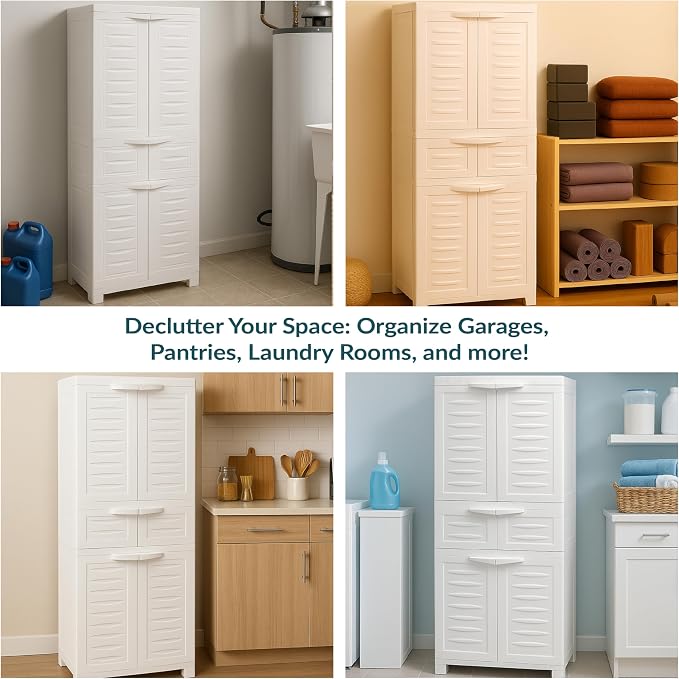 Sunnydaze 57" Garage Storage Cabinet with Doors & Shelves, Speckled White | Heavy Duty Resin Storage Cabinet Resists Rust & Peeling, Utility Cabinet with Drawer & Anti-Tip Kit for Laundry, Office