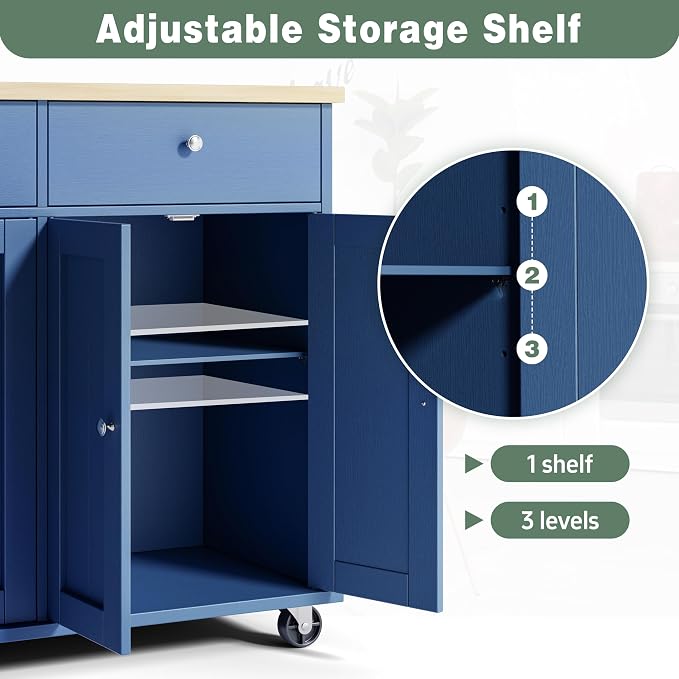 JY QAQA 39" Kitchen Island on Wheels with Storage Cabinet Kitchen Cart Cabinet with Shelves, Cart Handle for Towel Rack or Free Mobility, Portable Islands, Blue
