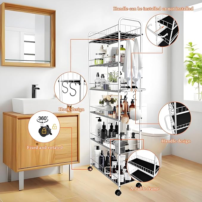 10in 6 Tier Slim Storage Cart with Wheels, Narrow Space Rolling Shelving Unit with Handle, Metal Wire Mobile Organizer Rack for Kitchen Bathroom Office Laundry