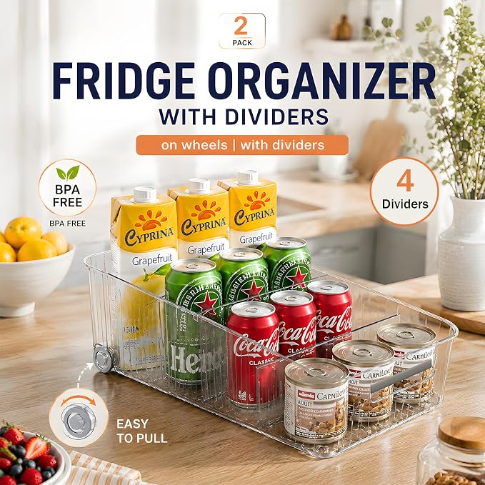 2 Pack Fridge Organizer Bins with Wheels, Clear Roll Out Refrigerator Drawers with Adjustable Dividers and Handles, PET Pantry Storage Bins for Drinks, Snacks, Cans and Cabinet