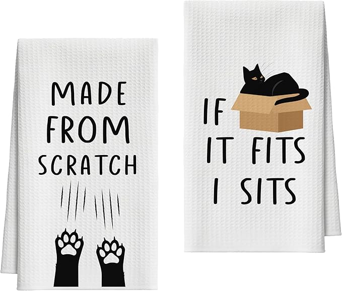 Kitchen Towels Set of 2, Black Cat Dish Towel for Kitchen, Decorative Hand Towels for Bathroom, Fast Drying Tea Towel with Funny Sayings, Housewarming Gifts for Cat Lover Women Mom -B06
