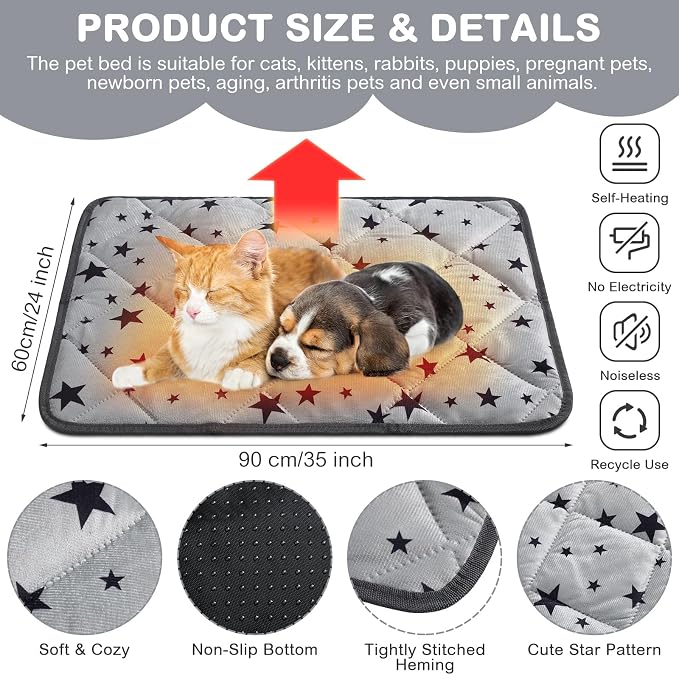 4 Pack Self Warming Cat Bed Self Heating Cat Mat Star Pattern Soft Dog Crate Pad Thermal Pet Mat Anti Slip Kennel Dog Washable Warming Bed for Outdoor Indoor(24 x 35 Inch,Gray)