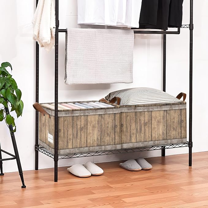 Rust Light Brown Wood Grain Storage Basket Foldable Cube Storage Bins with Handles&Label Collapsible Organizer Box Bin Large Rectangle Decorative Baskets for Shelves Home Living Room Closet, 2 Pack
