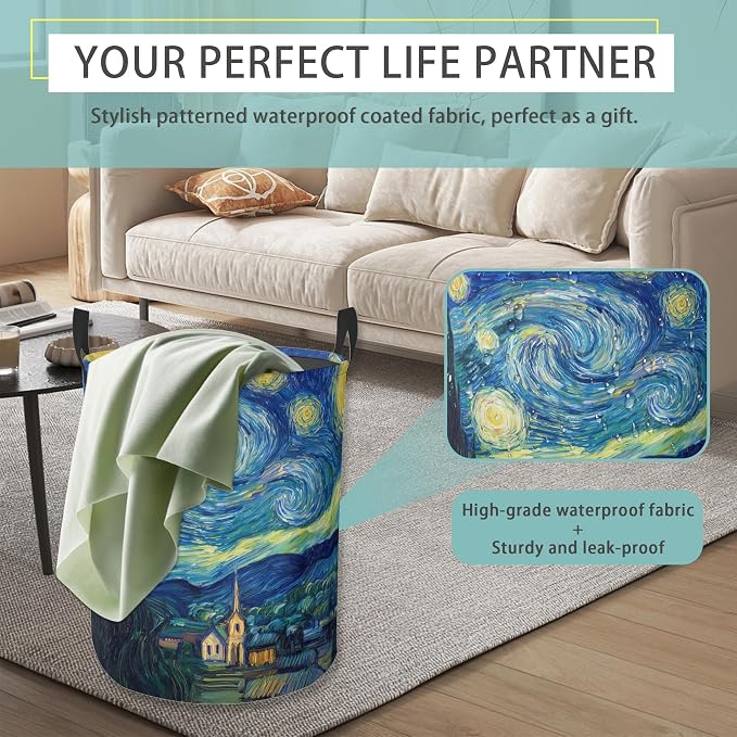 Starry Night Round Laundry Basket Collapsible Laundry Hamper with Handles Toys Clothes Organizer Bin For Home Bathroom Bedroom Dorm Nursery