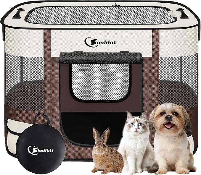 Siedihit 28" Dog Playpen,Cat Puppy Pen, Pet Portable Crate Indoor Outdoor | Durable Travel Camping Use,Foldable Dog Kennel Tent Cage for Rabbit Small Animals with Carrying Case(Brown, Small)
