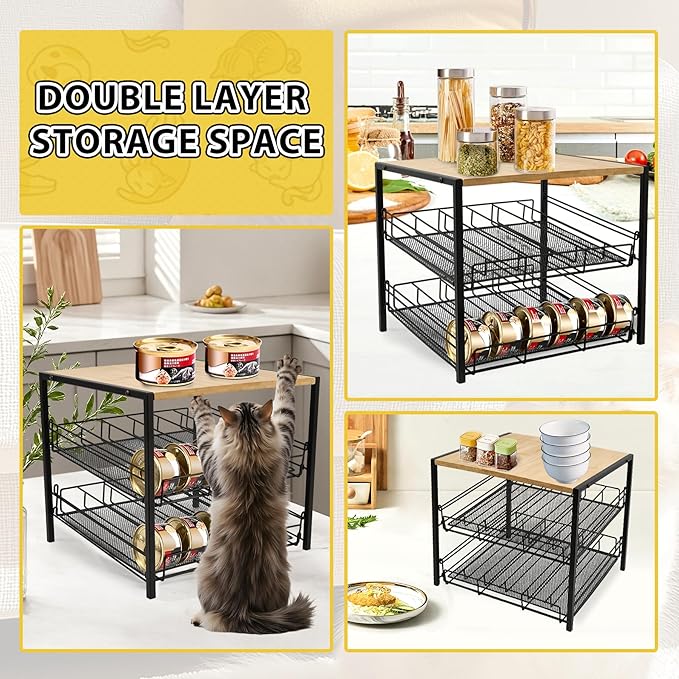 Bamboo & Iron Cat Food Organizer, 2-Tier Stackable Rack Holds 48 Cans 3oz | FIFO auto slide-down,Flat top storage, Organizes pantry & pet food cans