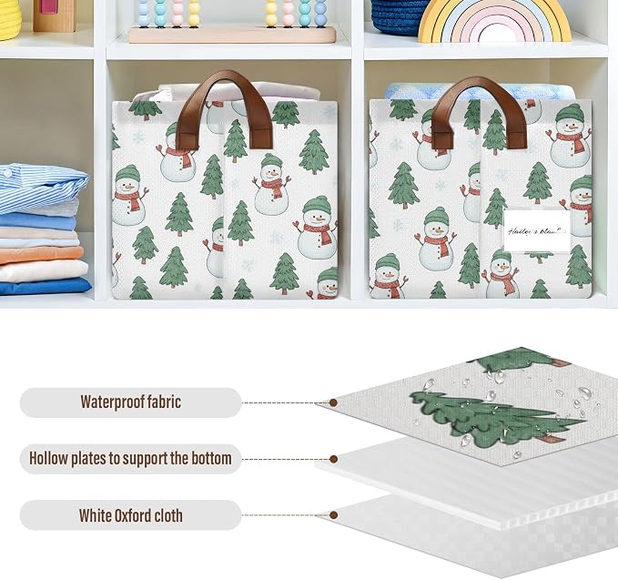 Cartoon Snowmen and Pine Tree Storage Basket Foldable Cube Storage Bins with Handles&Label Waterproof Organizer Box Bin Large Rectangle Decorative Baskets for Shelves Home Room Laundry, 2 Pack