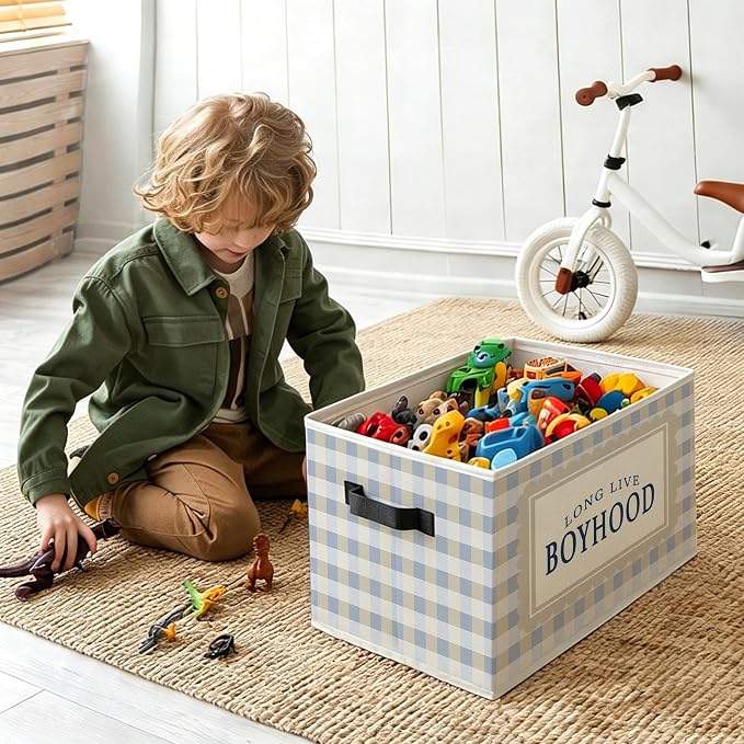Kids Boy Nursery Foldable Storage Bins Box with Handles, Long Live Boyhood Retro Gingham Plaid Decorative Storage Boxes Baskets Toybox Organizer for Kids Boy Nursery Room Bedroom Playroom